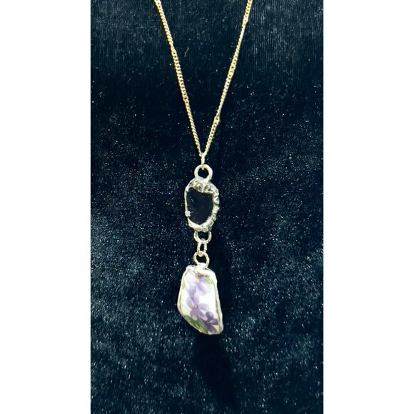 Violets Broken China & Sea Glass Artisan Silver-Blend Metalwork Bezel Pendant - Picture 4 of 17